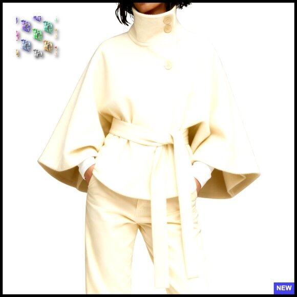 Wool Blend Pea Coat Cropped Overcoat Batwing Sleeve Elegant Chic Winter Jacket